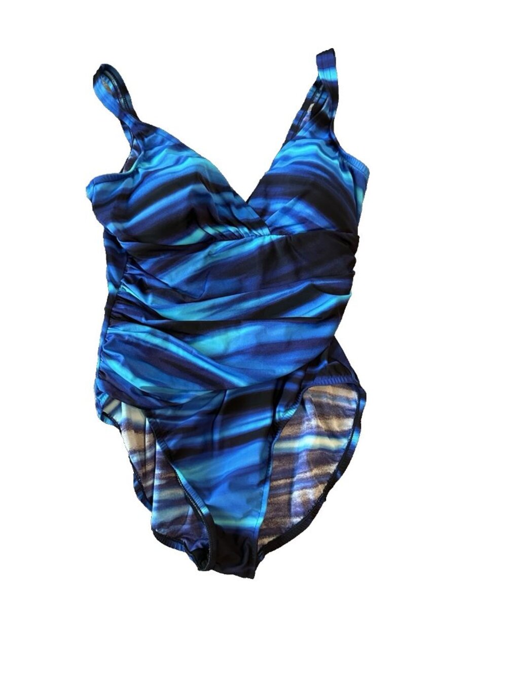Trimshaper Womens Swimsuit One Piece 16 Blue‎ Abstract Tummy Control Ruched Swim